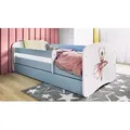 Produktbild: Kinderbett Jugendbett Tänzerin 70x140, 80x160, 80x180 cm - Komplettset mit Matratze, Schublade & Rausfallschutz - Blau
