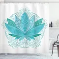 Produktbild: ABAKUHAUS Blatt Duschvorhang, Mehndi Lotus, Stoffliches Gewebe Badezimmerdekorationsset mit Haken, 175 x 220 cm, Teal Sky Blue