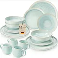Produktbild: SÄNGER | Geschirrset Paros 16 tlg, Tafelservice 4 Personen, Steingut Geschirr Handmade, Set inkl. Essteller Dessertteller Tiefe Teller Kaffeebecher, Essgeschirr Türkis Farben mit Sandiger Maserung
