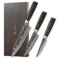 Produktbild: Wakoli EDIB Essentials Damastmesser Set 3-teilig I Chefmesser, kl. Chefmesser und Gemüsemesser Allzweckmesser aus 67 Lagen Damaststahl VG10 Kern 60±1 HRC I Fingerschutz I Küchenmesser Set in Holzbox