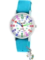 Produktbild: Pacific Time Kinder Armbanduhr Mädchen 4 Einhorn Anhänger Uhr Lernuhr Geschenk Set Textil Wechselarmband hellblau analog Quarz 10934