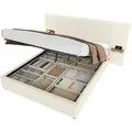 Produktbild: OKWISH Bettgestell 160x200 cm Velvet Diamant-Kopfteil LED-Beleuchtung Hydraulisches Hebesystem USB-Anschlüsse Stauraum Modern Beige