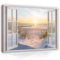 Produktbild: WallArena - Leinwand Bilder - Fensterbilck Strand Meer Natur Landschaft - 80x60 cm Leinwandbilder Bild auf leinwand Wandbild XXL groß Wandbilder für Wohnzimmer Schlafzimmer Wohnzimmerbilder Modern