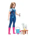 Produktbild: Barbie-Puppe zum 65. Jubiläum und 10 Zubehörteile, Hoftierärztin-Set mit Blonder Tierärztin-Puppe, Lamm mit bewegbaren Ohren und mehr, HRG42