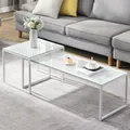 Produktbild: FineBuy Satztisch Glas Metall 2er Set Weiß Modern Couchtisch Design Sofatisch Platzsparend Wohnzimmertisch Kaffeetisch Rechteckig & Quadratisch