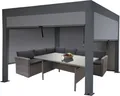 Produktbild: Pergola HWC-L46 mit Seitenwand, Gartenpavillon Lamellen-Pavillon Rollo, 11cm-Alu-Gestell, sturmfest 3x3m anthrazit