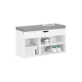 Produktbild: SoBuy Schuhbank mit Sitzfläche - Sitzbank mit Stauraum, 120 kg Belastbarkeit, 3 Fächer für Flur, Eingangsbereich und Wohnzimmer, abnehmbares Kissen, 80x46x30 cm, Weiß, FSR45-HG
