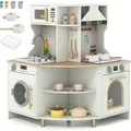 Produktbild: COSTWAY Doppelseitige Kinderküche Eck mit Licht & Sound, Spielküche mit Mikrowelle, funktionierendem Wasserhahn & Spüle, Spielzeugküche ab 3 Ja... - Beige