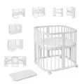 Produktbild: Waldin Babybett aus Holz 7in1 mit Matratze, Mitwachsendes Kinder-Bett, Belüftet, Boden 5-Fach Verstellbar, All-Inclusive-Set, Holz Weiß