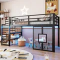 Produktbild: Merax Etagenbett Hochbett 90x200, mit Treppe, Stauraum, LED, Fensterdesign, Kinderbett, Stockbett, Eisenbett, Jugendbett, Schwarz