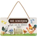 Produktbild: LANOLU Blechschild Hühnerstall Schild- Hühner Schild TOR SCHLIESSEN EGAL WAS DIE HÜHNER SAGEN- Hühner Deko Geschenk als Hühnerstall Zubehör und Wanddeko Metallschild mit Jutekordel 16x32cm