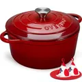 Produktbild: Overmont Bräter emaille Gusseisen Topf - Schmortopf 28cm backofengeeignet - mit Deckel und Kochbuch - für Küche Backen Schmoren Braten Rot