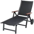 Produktbild: Sun Garden Aluminium Gartenliege Sonnenliege Rolliege Sun Star Comfort, Farbe Anthrazit/Schwarz, mit Holz-Armlehnen - Dunkelgrau/Schwarz/Braun