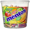 Produktbild: Mentos Mini Fruit Mix Kaubonbons Frucht-Dragees 4 Sorten Eimer 120 Rollen