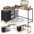 Produktbild: COSTWAY L-förmiger Schreibtisch mit Steckdose, 3 Stoffschubladen & Gitterablagen, 205cm Computertisch, reversibler Eckschreibtisch - Braun