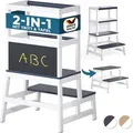 Produktbild: Spielwerk - Lernturm ab 2 Jahren Kinder mit Tafel 100kg Belastbar 93cm Hoch Montessori Learning Tower Trittschemel Kiefer Lernstuhl 2in1 Tritthocker