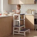 Produktbild: Spielwerk® Lernturm ab 2 Jahren Kinder mit Tafel Montessori 93cm Hoch Learning Tower 100kg Belastbar Trittschemel Kiefer Lernstuhl Küche Grau Holz