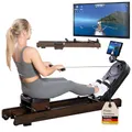 Produktbild: Skandika Rudergerät Rovek | Rudermaschine Holz, Rudergerät für Zuhause klappbar, Magnetwiderstand mit 32 Stufen, Kinomap App kompatibel, aufstellbar, bis 195 cm (Dunkelbraun)