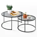 Produktbild: [en.casa] Couchtisch Kokkola 2er Set Wohnzimmertisch rund Beistelltisch Schwarz Tischplatte aus Glas Kaffeetisch Metallgestell Satztisch Sofatisch Rauchglas