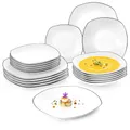 Produktbild: SÄNGER | Teller Set Bilgola Black Rim 18 tlg, Porzellan Geschirrset 6 Personen Tafelservice Spülmaschinenfest, Essgeschirr mit Flachen & Tiefen Tellern mit Schwarzen Akzenten | PREMIUM COLLECTION