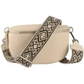 Produktbild: MIRROSI Bauchtasche Damen, Echtleder, Made in Italy, Umhängetasche, Brusttasche, (Schultertasche für jeden Anlass (1 Tasche & 2 Gurte), Crossbody Bag, Beige, gemusterten& verstellbaren Schulterriemen beige|schwarz Mittelgroße Tasche (25x16x7cm)