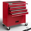 Produktbild: Arebos Werkstattwagen 4 Fächer + großes Fach für Werkzeug Kratzfeste Oberfläche | inkl. Antirutschmatten | kugelgelagerte Schubladen Interlock-System | 2 Rollen mit Feststellbremse | Rot
