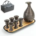 Produktbild: TEANAGOO Japanisches Traditionell, Sake Karaffe (170 ml) mit 6 Sake Becher (25 m) für heiße oder kalte japanische Soju Sake Reiswein mit Servieren von Bambo Tablett Geschenksets 10pcs/Set, Saki Set