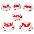 Produktbild: MamboCat Pula rot Kaffeetassen mit Untertassen für 6 Personen I weißes Porzellan-Set mit Punkten für Frühstück & Kaffee I Je 6X Teetassen 200ml & Untertassen