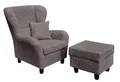 Produktbild: Gemütlicher Ohrensessel mit Hocker im Landhaus-Stil, B90/H98/T76 cm, hoher Sitzkomfort durch Wellenunterfederung, moderner Lesesessel mit Echtholzfüßen und Zierkissen, Cordstoff in Grau / 18019