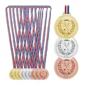 Produktbild: Relaxdays Medaille Kinder, 12er Set, Ø 6 cm, Plastik, mit Band, Siegerehrungen, Siegermedaillen, Gold, Silber, Bronze