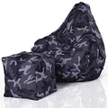 Produktbild: Green Bean 2er Set Sitzsack + Hocker - fertig befüllt - robust waschbar schmutzabweisend - Kinder & Erwachsene Bean Bag Bodenkissen Sitzhocker Relax-Sessel Gamer Gamingstuhl Pouf - Camouflage Schwarz