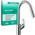 Produktbild: hansgrohe Focus M41 - Küchenarmatur mit Brause ausziehbar, 2 Strahlarten, Wasserhahn Küche mit Auslaufhöhe 240 mm, Mischbatterie Küche 150° schwenkbar, Chrom, 31815000