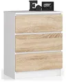 Produktbild: AKORD Kommode K60 mit 3 Schubladen | für das Wohnzimmer Schlafzimmer Schrank Büro Arbeitszimmer | Modernes Funktionales Design | B60 x H77 x T40 cm, Gewicht 25 kgWeiß/Sonoma-Eiche