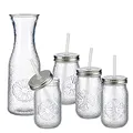 Produktbild: MamboCat Lima Wasserkaraffen Set 5 teilig I 4 Trinkbecher mit Deckel und Strohhalm 400 ml + Glaskaraffe 1 Liter I Saftkrug & Cocktailgläser mit Zitrusfrucht Ornament Deko I Vivalto Smoothie Becher