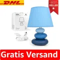 Produktbild: Energieeffiziente Nachttischlampe 'Lina' - Blau mit Keramikbasis und Stoffschirm