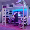Produktbild: Merax Etagenbett Hochbett 90x200 cm, mit Schreibtisch, Lochbrett, Ablagen, Eisenbett mit LED-Leiste, USB & Type-C, Kinderbett, Stockbett, Weiß