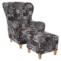 Produktbild: Supellex Ohrensessel mit Hocker Design Flora Schwarz Beige?