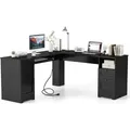 Produktbild: COSTWAY Eckschreibtisch L-Form, mit Ladestation, Tastaturablage, Schrank & 2 Schubladen, Ecktisch, Computertisch, Bürotisch 168x168x76cm Schwarz - Schwarz