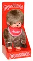 Produktbild: Sekiguchi 255010 - Original Monchhichi Junge, Plüschfigur mit rotem Latz und Zöpfen mit Schleifen, ca. 20 cm großes Kuscheltier aus braunem Plüsch