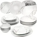 Produktbild: SÄNGER | Tafelservice Bilgola Marmor, 24-teiliges Geschirrset für 6 Personen mit Suppen-, Dessert-, Speisetellern & Müslischalen aus Porzellan, Teller Set, Essgeschirr, Eckig | PREMIUM COLLECTION