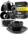 Produktbild: MIAMIO - 6 x 175 ml Tasse Cappuccino Tassen mit Unterteller & Ständer/Cappuccinotassen Set - Le Papillon Kollektion (Schwarz)
