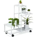 Produktbild: Relaxdays Pflanzenständer, 4 Ablagen, Pflanzentreppe für Blumen & Kräuter, Metall Blumenständer mit Rollen, Stahl, weiß