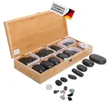 Produktbild: Hot Stone Steine Set In Verschiedenen Größen Aus Basalt Mit Dekorativer Holzkiste Für Wellness Spa Wärmebehandlung und Wärmetherapie - Professionelled Heiße Steine Set (64 Hot Stone)