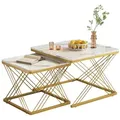 Produktbild: OKWISH Quadratisches Couchtisch Set 45x45x40 und 60x60x45 cm Hochglanz Marmoroptik Sofatisch Beistelltisch Modern Wohnzimmer Gold+Weiß