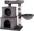 Produktbild: lionto Katzen Kratzbaum, 70 cm mit 2 Höhlen, Liegemulde, Liegebett & Spielball, robust & gemütlich, dunkelgrau