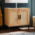 Produktbild: WOHNLING Waschbeckenunterschrank Eiche-Optik 60x60x40 cm mit Türen Badezimmerschrank mit Rattangeflecht Unterschrank Stehend Badschrank Midischrank