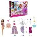 Produktbild: Barbie-Puppe und Mode-Adventskalender, 24 Kleidungsstücke und Accessoires wie Badeanzug, Kleid, Hut oder Kätzchen als Überraschungszubehör, HKB09