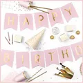 Produktbild: (€1,97/m) Banner Schriftzug Happy Birthday mit goldener Schrift und weißem Band