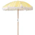 Produktbild: Sonnenschirm Gelb Stoff-bespannung Rund ⌀ 150 Cm Mit Volant Regenschutz Holzmast Neigungsfunktion Kurbel Boho Garten Outdoor Balkon Terrasse