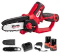 Produktbild: WALTER - Kompakte Einhand Kettensäge mit 2x 12V Li-Ion Akku, Ladegerät und Zubehör. Leichte Mini Kettensäge, Entaster für Gartenarbeit, Schwertlänge 158 mm, leistungsstarker Motor